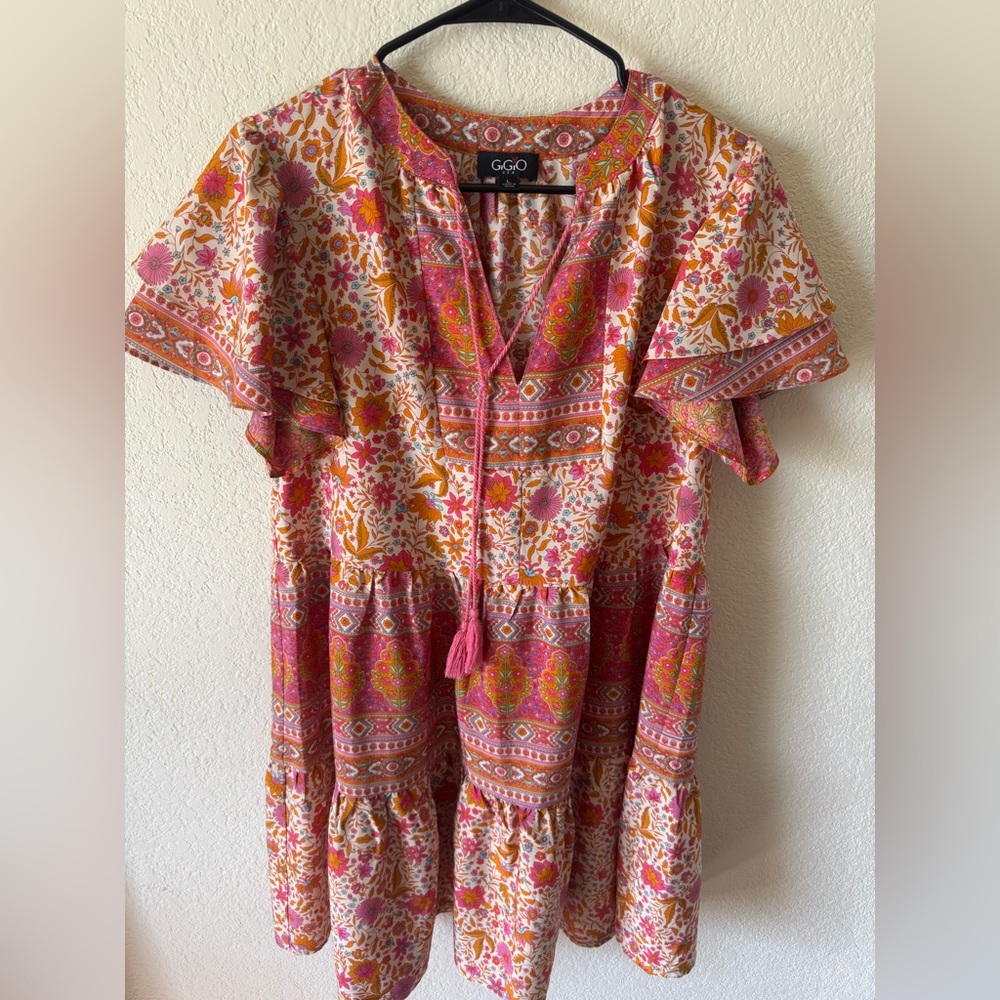 G.GIO Floral Tassel Boho Dress in Pink & Orange